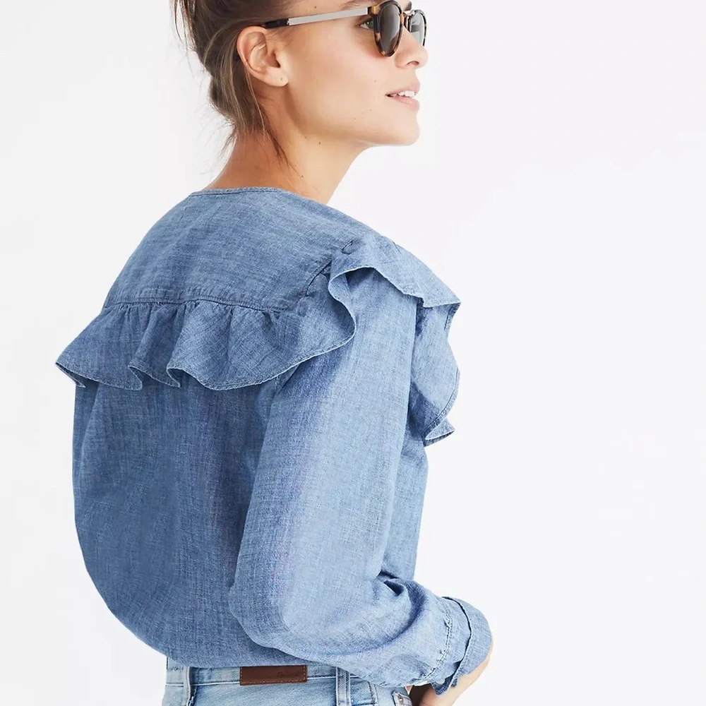 Madewell Chambray Ruffle-Yoke Top Medium